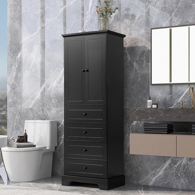 P PURLOVE Tall Bathroom Storage Cabinet with 2 Doors and 4 Drawers,Narrow Bathroom Cabinet Standing,Wood Freestanding Bathroom Cabinet for Kitchen,Living Room,Black