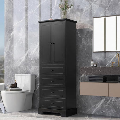 P PURLOVE Tall Bathroom Storage Cabinet with 2 Doors and 4 Drawers,Narrow Bathroom Cabinet Standing,Wood Freestanding Bathroom Cabinet for Kitchen,Living Room,Black