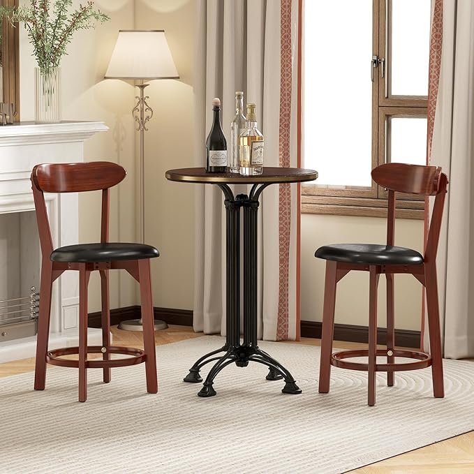 COSTWAY Bar Stool Set of 2, 23.5'' Counter Height Barstools w/Curved Backrest, Faux Leather Cushion & Rubber Wood Frame, Mid Century Modern Island Chairs for Kitchen Bar Cafe, Walnut