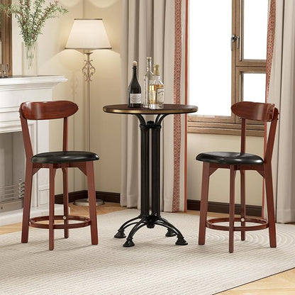 COSTWAY Bar Stool Set of 2, 23.5'' Counter Height Barstools w/Curved Backrest, Faux Leather Cushion & Rubber Wood Frame, Mid Century Modern Island Chairs for Kitchen Bar Cafe, Walnut