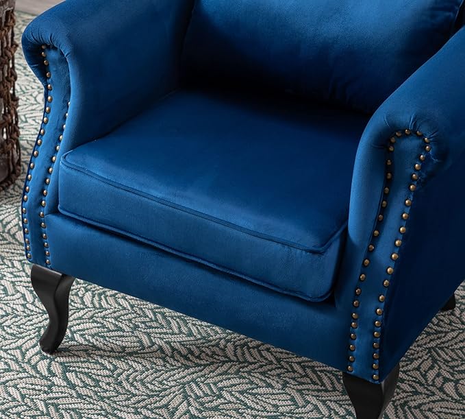 Mid Century Modern Accent Chair Upholstered Armchair Comfy Velvet Fabric Single Sofa with Tufted Wingback for Small Spaces Bedroom Living Room, Blue