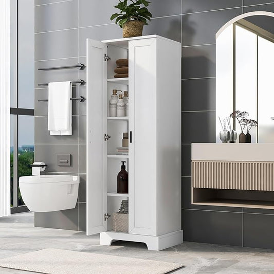 Tall Storage Cabinet, Bathroom Floor Freestanding Storage Cabinet with 2 Doors, 5 Shelves, and Adjustable Shelves for Bathroom, Office, Living Room, White