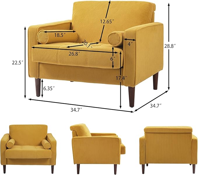 Oversized Accent Chair Set of 1, Corduroy Fabric Mid Century Modern Armchair with Large Seat for Living Room Bedroom Reading