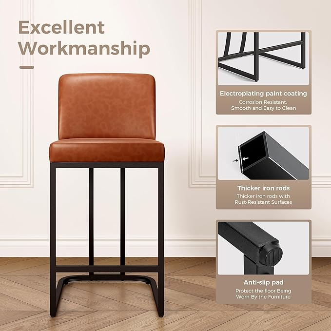 MAISON ARTS Counter Height Bar Stools with Back for Kitchen Counter, 24 Inch Modern Upholstered Faux Leather Barstools Farmhouse Bar Chairs Luxury Island Stools Support 330LBS, Brown