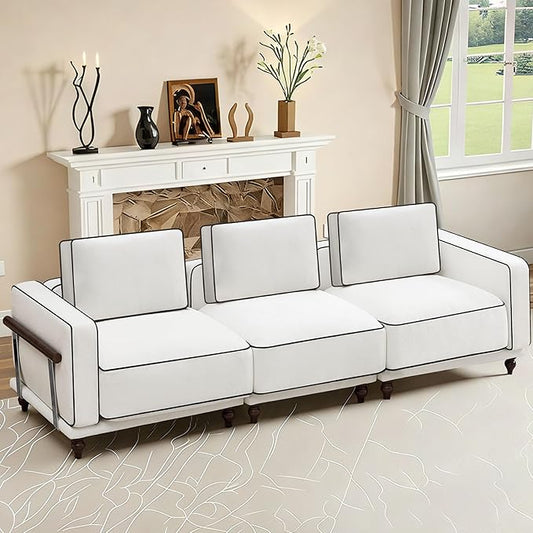 112" Cloud Modular Sectional Sofa,Oversized Deep 3 Seater Couch with Armrests Wooden Legs,Comfy Thicked Cushion Upholstered Sofa for Living Room Bedroom,White