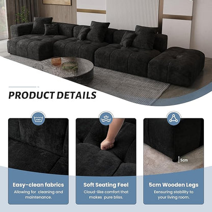 WJShome Modular Sectional Sofa,140inch Cloud Couch Deep Seat Sectional Couches for Living Room,Modern Linen Upholstered Loveseat Couch with Pillow for Home,Black