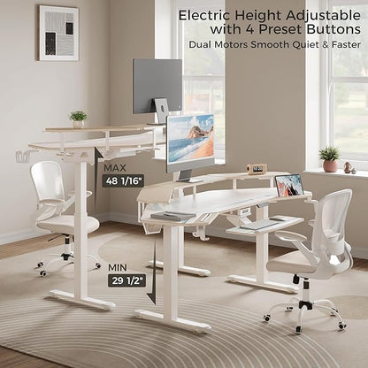 EUREKA ERGONOMIC Standing Desk with Keyboard Tray, Large Music Studio Gaming Desk, Wing Shaped Sit Stand Table 72'', LED Convertible Shelves, Dual Motor&Slot, Maple