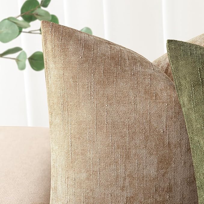 Foindtower Pack of 2 Soft Textured Chenille Throw Decorative Pillow Covers Square Accent Solid Cushion Cover Neutral Lumbar Pillow Case for Couch Sofa Bedroom Living Room 12x20 Inch,Taupe Khaki Camel