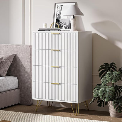 White Dresser for Bedroom, Modern Dresser with Gold Metal Handles & Chests of Drawers