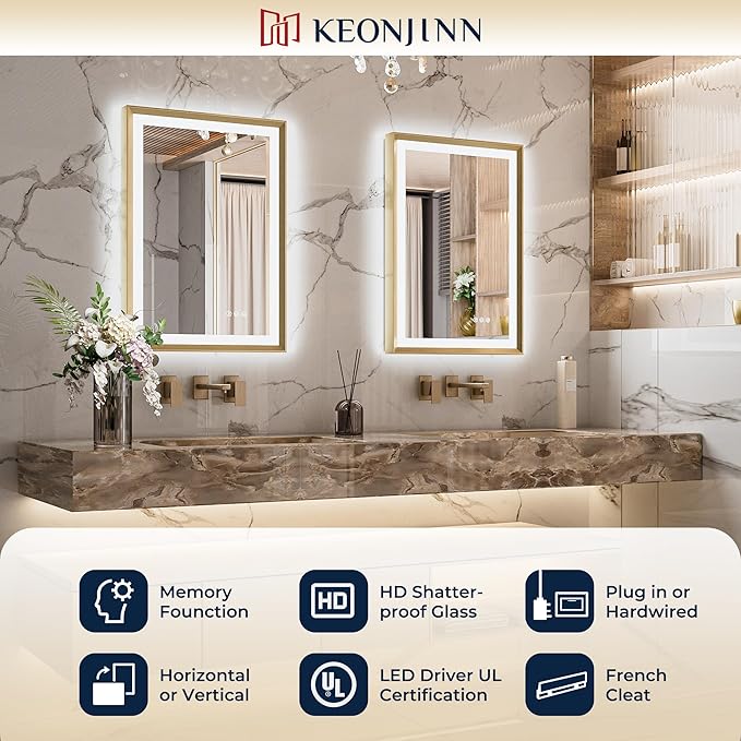 Keonjinn 60" x 36" LED Mirror for Bathroom, Brushed Gold Framed Mirror with Frontlit & Backlit, Large Lighted Mirror with Anti Fog for Wall, Stepless 3 Colors Temperature, UL-Listed LED Driver
