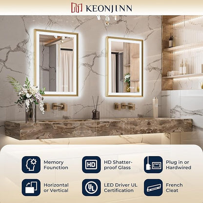 Keonjinn Gold LED Bathroom Mirror 24 x 36 Inch with Frontlit & Backlit, Lighted Mirrors Metal Framed for Wall, Stepless 3 Colors Lights, Anti Fog, Tempered Glass, Brighter and No Dark Corner