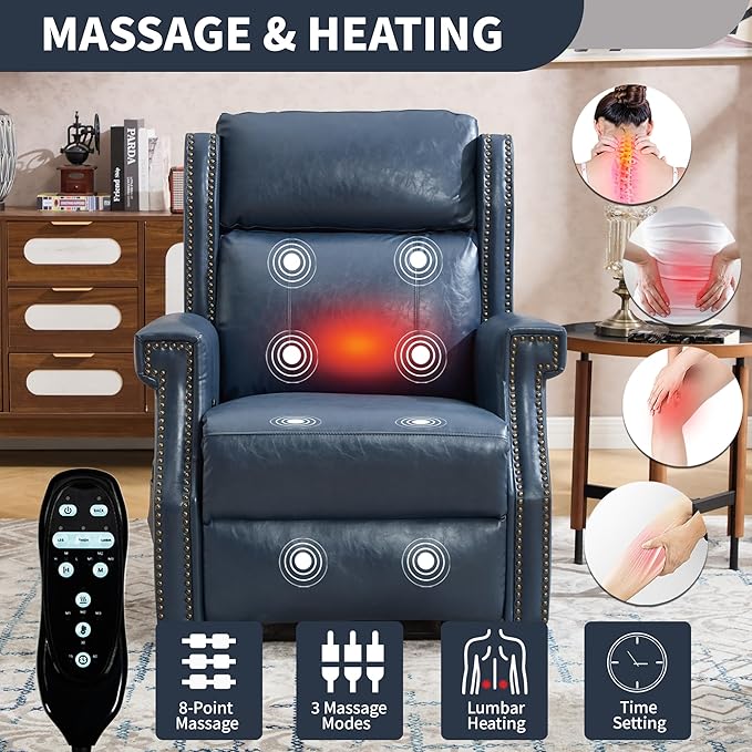 Manual Recliner Chair with Massage & Lumbar Heat, Breathable Leather Reclining Chair for Adults, Humanized Design Easy to Install Living Room Recliners Blue