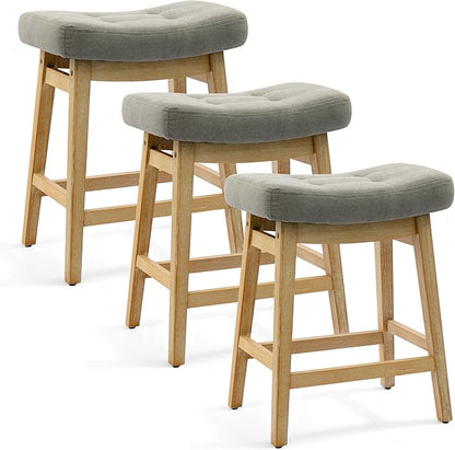 Counter Height Bar Stools Set of 3 for Kitchen Counter Farmhouse Modern Barstools with Upholstered Fabric Backless Seat and Solid Wood Legs 24 inch Bar Chairs, Grey + Wood Color