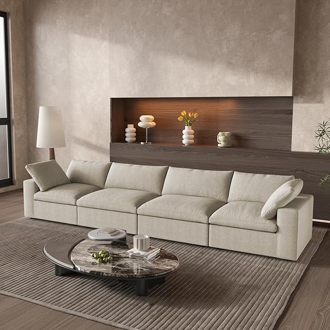 160.6" Cloud Modular Sectional Sofa with Thick Cushion, Wide 4-Seater Minimalist Sofa Couch,Convertible Couch Deep Seat Couches for Modern Living Room Sets (Khaki, 4 Seater)