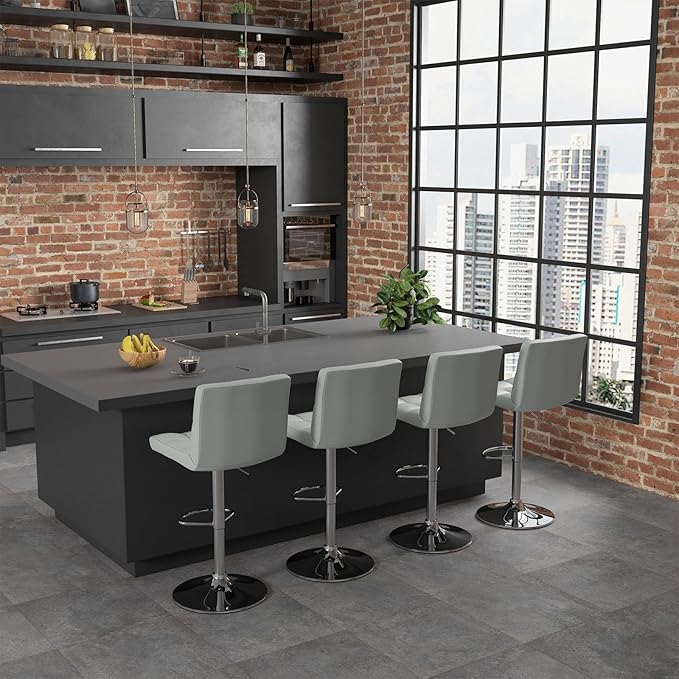 COSTWAY Bar Stools Set of 2, Modern Swivel Adjustable Height PU Leather Barstools with Back, Square Armless Counter Height 2-Pack Bar Chair for Kitchen Island Dining Living Bistro Pub Counter, Grey