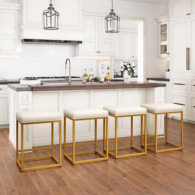 PHI VILLA White and Gold Bar Stools Set of 2 - Thick Cushion Metal Steel Frame Base with Footrest 24 Inch Barstools, Counter Height Bar stools