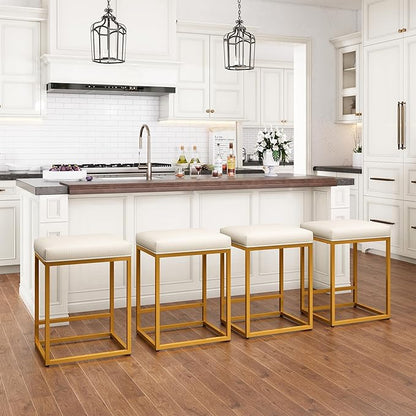 PHI VILLA White and Gold Bar Stools Set of 2 - Thick Cushion Metal Steel Frame Base with Footrest 24 Inch Barstools, Counter Height Bar stools