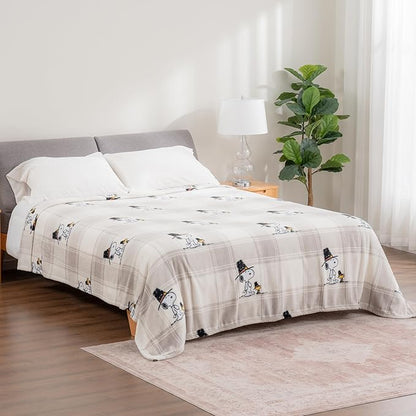 Berkshire Blanket Peanuts® VelvetLoft® Cute Character Snoopy Plush Blanket,Lakeside Plaid Harvest Snoopy and Woodstock Grey,Twin 60 in x 90 in (Official Peanuts® Product)