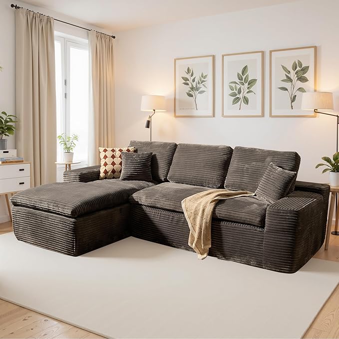 106" Oversized Couch Sofa, L Shape Couches for Living Room, No Assembly Required Corduroy Sectional Sofas with Left Facing Chaise for Home Apartment