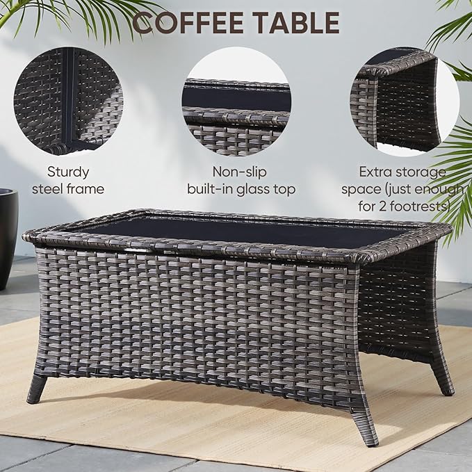 Swivel Patio Chairs sofa Set of 6 with 6" Thick Cushion - Wicker Outdoor Swivel Rocker Patio Chair ,Sofa/Glass coffee table, High Back Comfortable Outdoor Glider Chairs - Gery Wicker | Gery Cushions