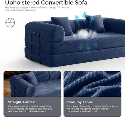 79" Convertible Sofa Bed with Fixed-Shape Frame & Removable Armrests, Modular Corduroy Sleeper Sofa, Folding Mattress Couch for Small Spaces - No Assembly Needed in Navy Blue (Includes 2 Pillows)