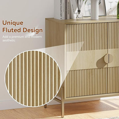 Fluted Sideboard Buffet Cabinet, Modern Credenza with Metal Gold Legs, Wood Accent Sideboard with Storage for Living Room, Dining Room, Kitchen, Entryway(Oak)