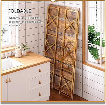 4NM Extra Wide 6 Tiers No Assembly Book Shelves, 61.8" H Folding Bookshelf Bookcase Open Industrial Foldable Shelves for Bedroom, Living Room, Home Office - Rustic Brown Gold
