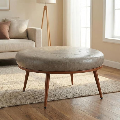 Round Ottoman Coffee Table - PU Leather Fabric, Metal Frame, Thick Cushioned Tabletop for Living Room, Therapy Room, or Style Lovers - Perfect as Coffee Table, Footstool, or Chair-Grey