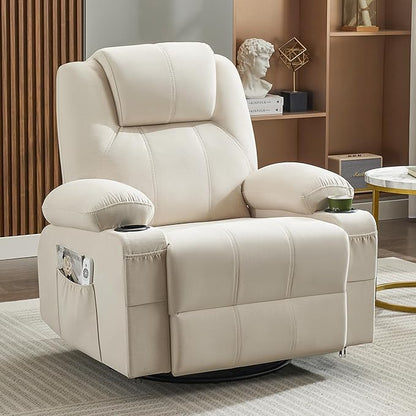 Oversized Swivel Rocker Recliner Sofa Chair with Heat and Massage, Large Big Recliner for Living Room,360 Degree Swivel Rocking Single Sofa with Cup Holders and USB Port(Fabric, Light Beige)