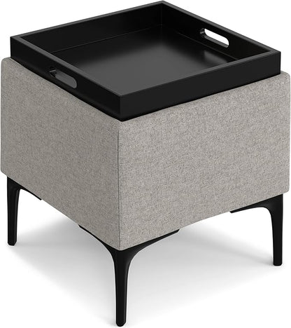 SIMPLIHOME Natasha 18 inch Wide Mid Century Square Mid Century Storage Ottoman with Tray in Cloud Grey Polyester Linen, Assembled, For the Living Room, Entryway and Family Room