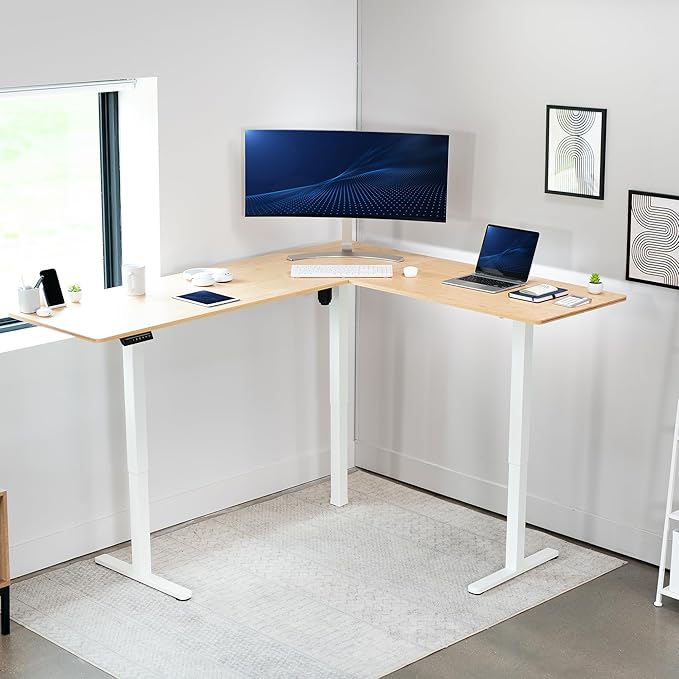 VIVO Corner Standing Desk, 75 x 63 inch Reversible L-Shaped Workstation, Electric Height Adjustment, Home, Office, and Reception Rooms, Real Bamboo Table Top White Frame, DESK-E3CTWO-75