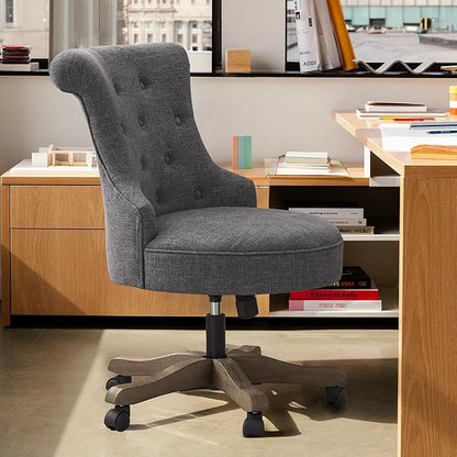 HUIMO Home Office Chair Upholstered Armless Desk Chair with Wheels Adjustable Height Computer Desk Chair with Wooden Legs Linen Fabric Comfortable Swivel Chairs for Home Office Study Studio (Grey)