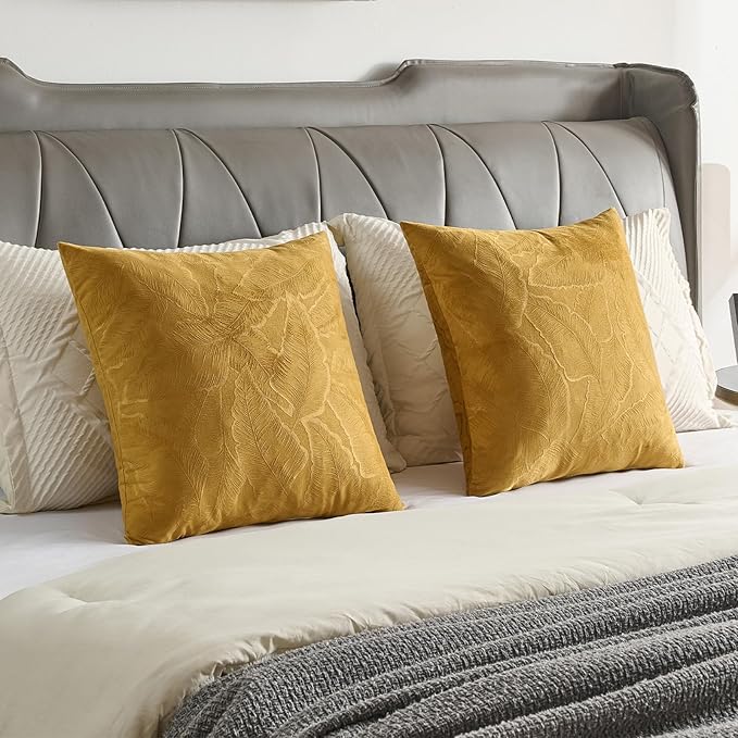 FUTEI Golden Yellow Velvet Throw Pillow Covers 12x20 Inch Set of 2,Soft Embossed Leaf-Relief Textured Lumbar Pillow Cases,Natural Home Decor for Couch Living Room