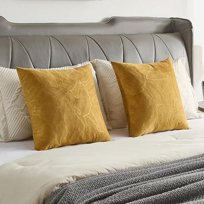 FUTEI Golden Yellow Velvet Throw Pillow Covers 18x18 Inch Set of 2,Soft Embossed Leaf-Relief Textured Cushion Cases,Natural Home Decor for Couch Living Room