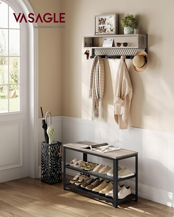 VASAGLE Coat Rack Shoe Bench Set, Hall Tree with Bench, Entryway Furniture, Multifunctional, Dot Coat Hooks, 2-Tier Shoe Rack, Industrial Style, for Entryway, Hallway, Heather Greige ULCR073K02