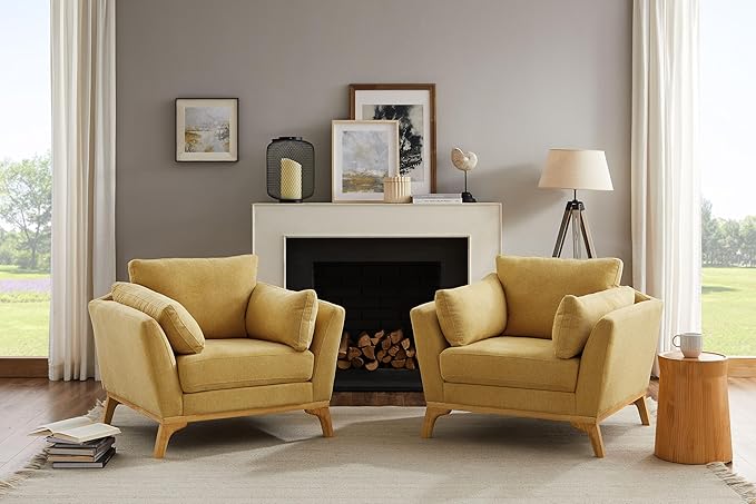 VANOMi Large-Sized Accent Chair, Thick Cushion Bedroom Reading Chair, Comfortable Living Room Single Sofa, Linen Yellow