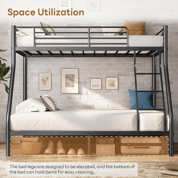 Twin Over Full Bunk Bed for Adults with Stairs, Metal Bunk Beds Twin Over Full Size for Teens Dorm Bedroom Guest Room,Heavy Duty Bunk Beds with Ladder and Guardrail, No Box Spring Needed,Black