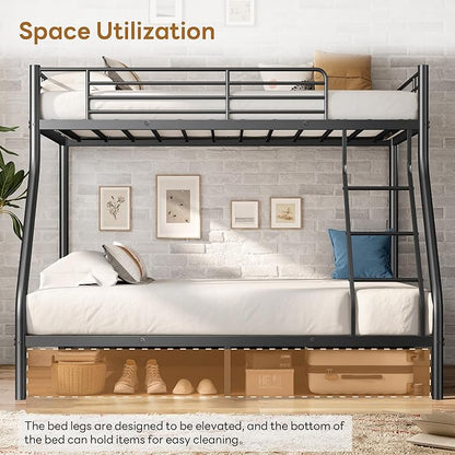 Twin Over Full Bunk Bed for Adults with Stairs, Metal Bunk Beds Twin Over Full Size for Teens Dorm Bedroom Guest Room,Heavy Duty Bunk Beds with Ladder and Guardrail, No Box Spring Needed,Black