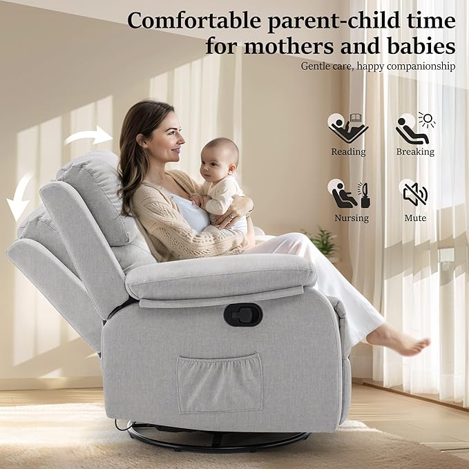 Recliner Chair, 360 Swivel Rocker Chair for Adults, Small Rocking Recliner Chair for Small Spaces, Upholstered Fabric Glider Recliner Nursery with Side Pockets for Nursery, Living Room