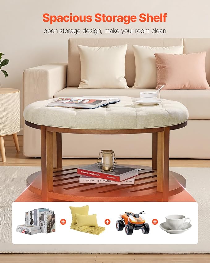 VEVOR Large Round Ottoman Coffee Table, 31.9 Inch Tufted Coffee Table with Solid Wood Shelf Storage, Linen Solid Upholstered Footrest Ottoman for Bedroom Living Room, 350 LBS, Linen Color