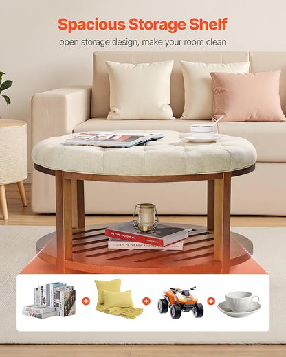 VEVOR Large Round Ottoman Coffee Table, 31.9 Inch Tufted Coffee Table with Solid Wood Shelf Storage, Linen Solid Upholstered Footrest Ottoman for Bedroom Living Room, 350 LBS, Linen Color