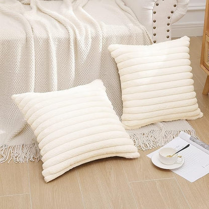 Pallene Faux Fur Plush Christmas Throw Pillow Covers 22x22 Set of 2, Luxury Soft Fluffy Striped Decorative Pillow Covers for Sofa, Couch, Living Room, Cream White