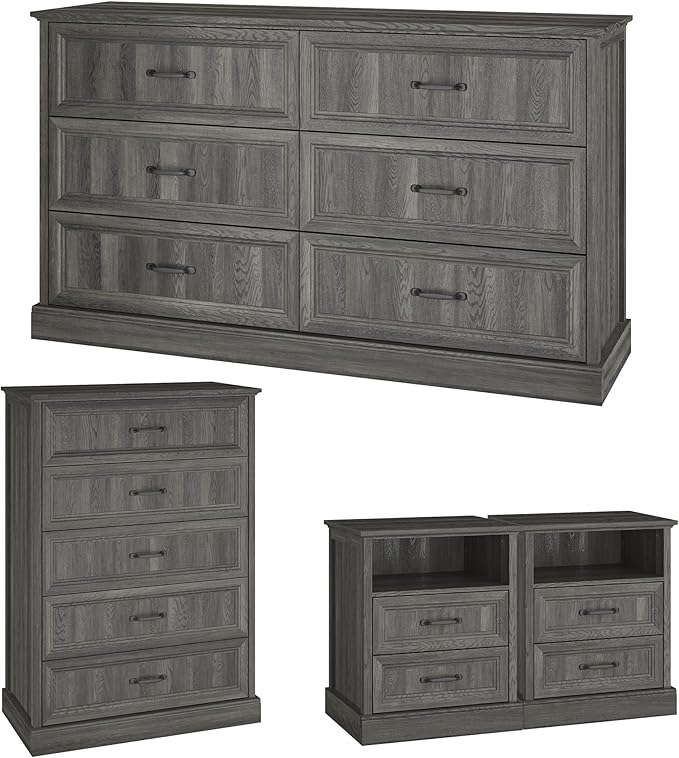 Farmhouse Dresser and Nightstand Sets, 4Pcs Bedroom Furniture Set, Nightstand Set of 2 & 55" Wide 6 Drawer and 44" Tall 5 Drawer Dresser with Large Drawers & Bar Handles, Grey