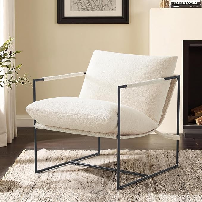Furnilivng Large Sling Accent Chairs Set of 2, Comfortable Boucle Fabric Arm Chair, Upholstered Cozy Reading Chair for Living Room, Bedroom, Dressing Room, Home Office, White