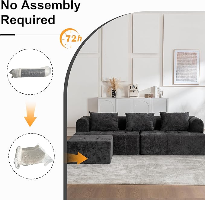 95" Modern Cloud Sectional Sofa Couch, Modular L-Shaped Sofas with Deep Seat and Chaise Ottoman, Chenille Boneless Tufted Couches for Living Room, No Assembly Required, Black