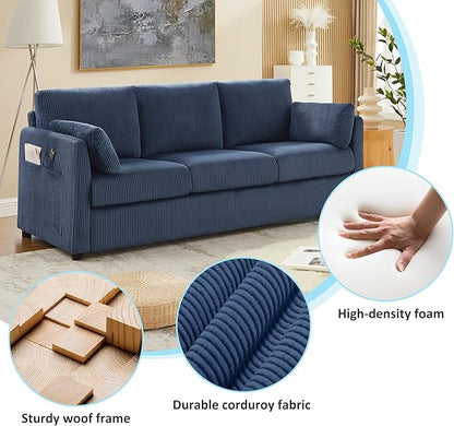 Living Room Sofa Set, Corduroy 3-Seat Couch with Set of 2 Accent Side Chairs, Soft Pillows and Side Pockets, Modern Living Room Furniture Sets for Apartment, Small Spaces, Navy Blue