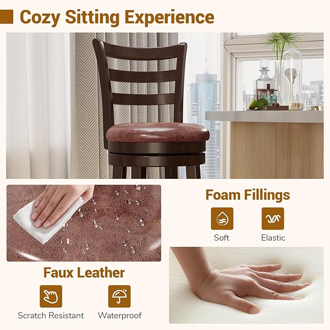COSTWAY 30” Bar Height Stools Set of 2, Swivel l High-Top Chairs with Backrest & Faux Leather Padded Seat, Rubber Wood Barstools with Footrest for Kitchen, Dining Room, Pub (2,30'')
