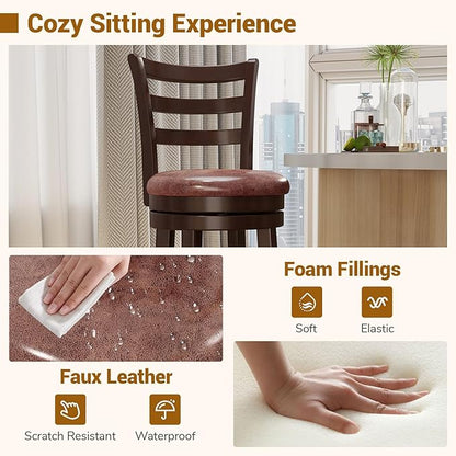 COSTWAY 30” Bar Height Stools Set of 2, Swivel l High-Top Chairs with Backrest & Faux Leather Padded Seat, Rubber Wood Barstools with Footrest for Kitchen, Dining Room, Pub (2,30'')