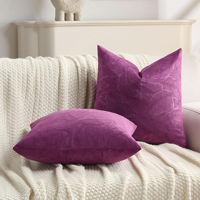 FUTEI Purple Velvet Throw Pillow Covers 16x16 Inch Set of 2,Soft Embossed Leaf-Relief Textured Cushion Cases,Natural Home Decor for Couch Living Room