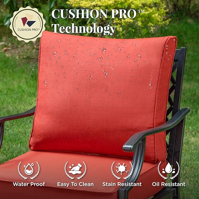 Patio Furniture Set, 4 Pcs Metal Outdoor Conversation Set, 2 Rocking Chairs and 3 Seater Sofa with 5.75" Extra Thick Cushion and Gas Fire Pit Table for Backyard Deck, Red